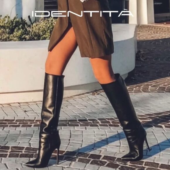 IDENTITA Black Leather "Dayna" Italian Boots Knee High 10 / 40 - 120mm Heels - Picture 15 of 16